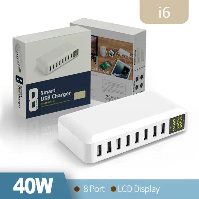 60W 8 Port USB Charger rapide QC3.0 Hub Smart Charge Quick Affichage LED Multi USB Station de chargement de téléphone mobile Hometop Home
