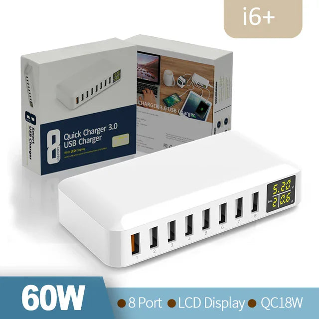 60W 8 Port USB Charger rapide QC3.0 Hub Smart Charge Quick Affichage LED Multi USB Station de chargement de téléphone mobile Hometop Home