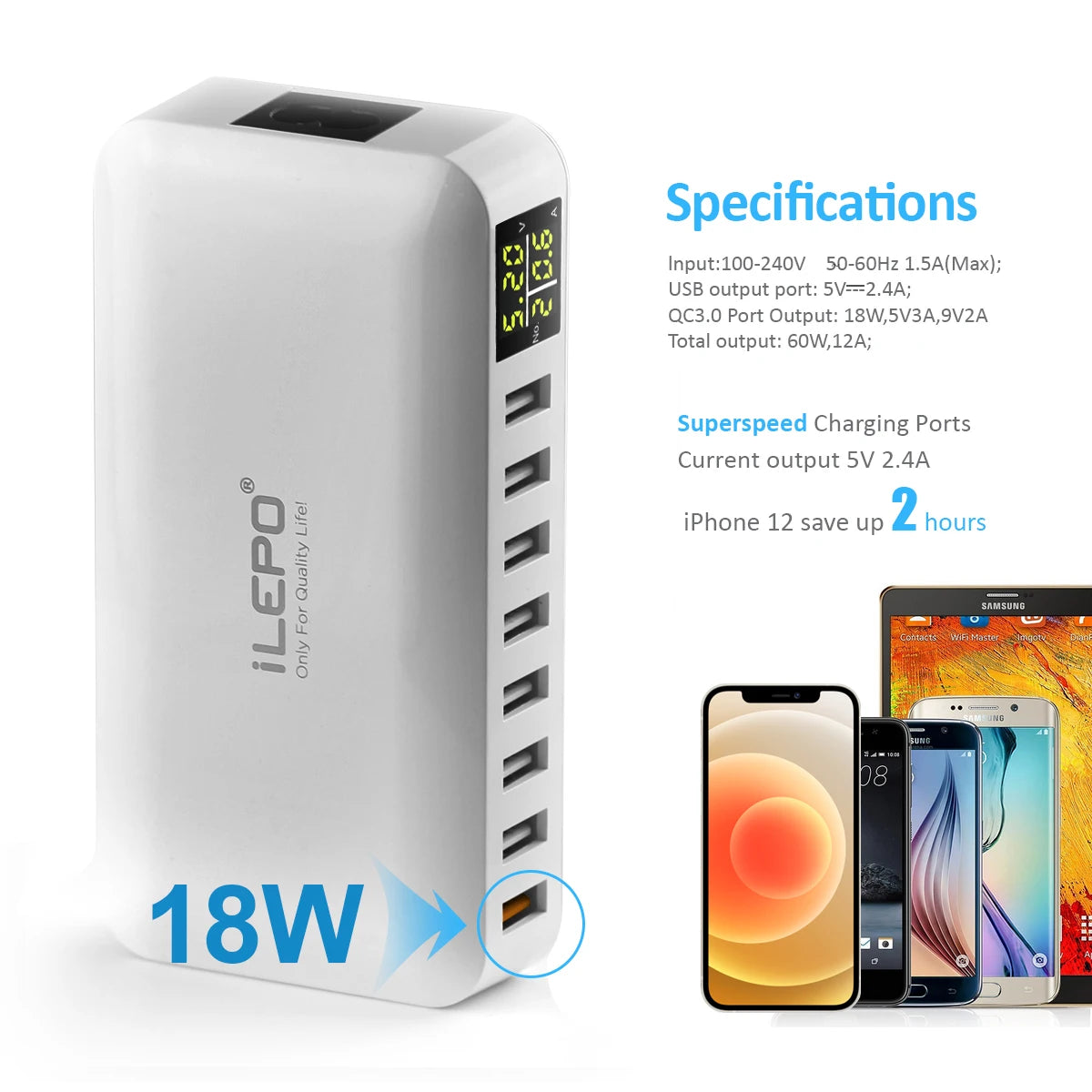 60W 8 Port USB Charger rapide QC3.0 Hub Smart Charge Quick Affichage LED Multi USB Station de chargement de téléphone mobile Hometop Home