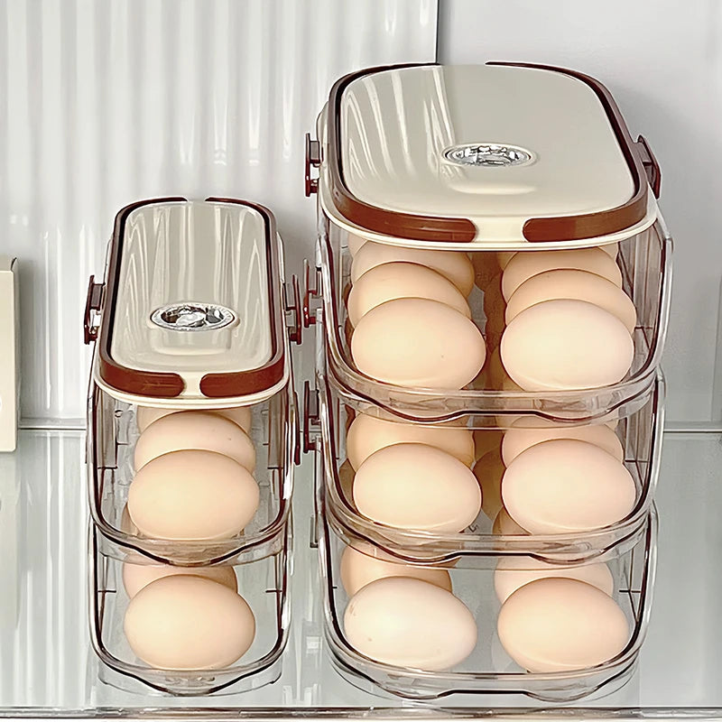 Grand support d'oeuf pour réfrigérateur Automatique Organisateur d'oeuf à œufs en plastique transparent Dispensateur d'oeufs empilable et poubelle de rangement
