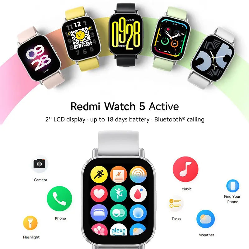 Montre connectée Xiaomi Redmi Watch 5 Active, Bluetooth 5.3, mesure de l'oxygène dans le sang, fréquence cardiaque, prise en charge des appels vocaux Bluetooth 2" Écran LCD