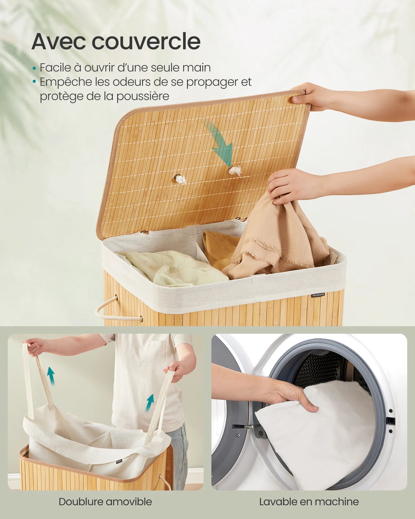 Bamboo Laundry Basket, 2 Compartments, 120 L, Foldable, Removable and Machine Washable Bag, with Handles, Natural