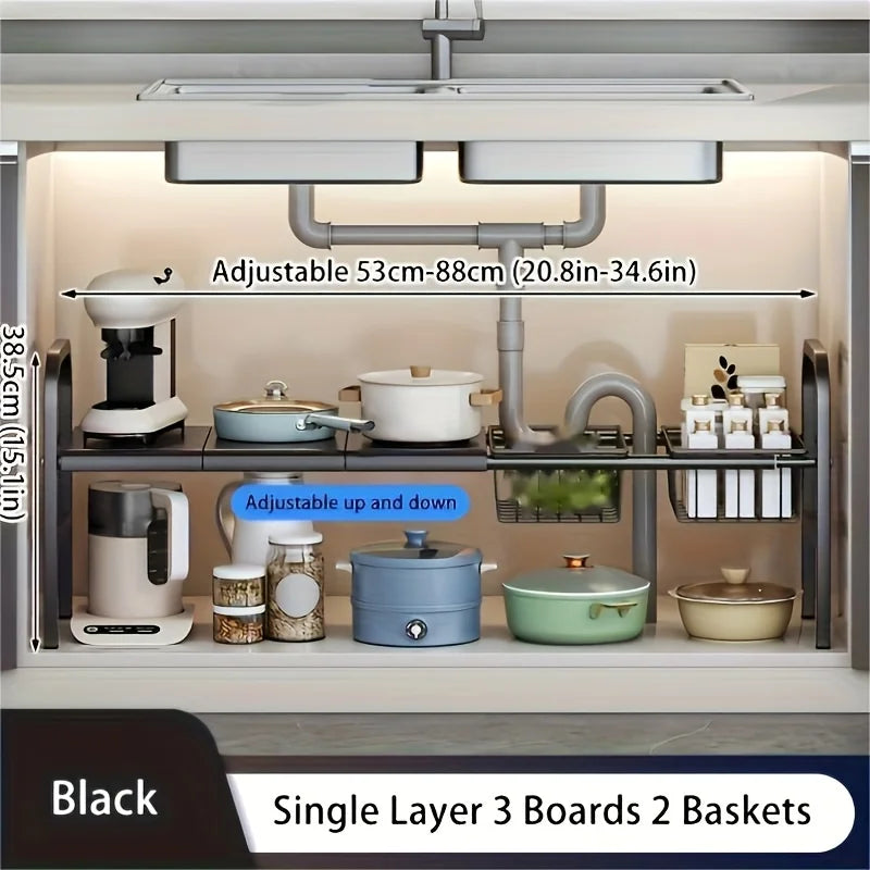 Scalable Carbon Steel Sink Storage Rack,Multi layer Adjustable Storage Rack for Kitchen and Bathroom, Space saving Storage Rack