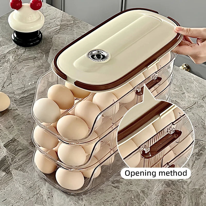Grand support d'oeuf pour réfrigérateur Automatique Organisateur d'oeuf à œufs en plastique transparent Dispensateur d'oeufs empilable et poubelle de rangement