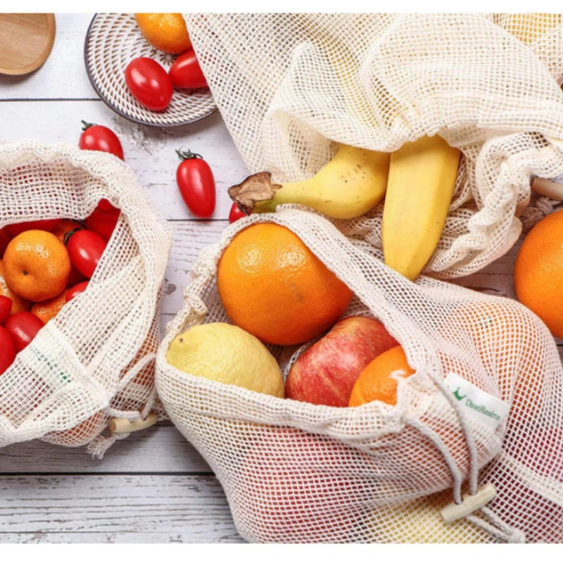 1Pc Reusable Vegetable Bags Kitchen Fruit and Vegetable Storage Mesh Bags Drawstring Machine Washable Eco Friendly Shopping Bags