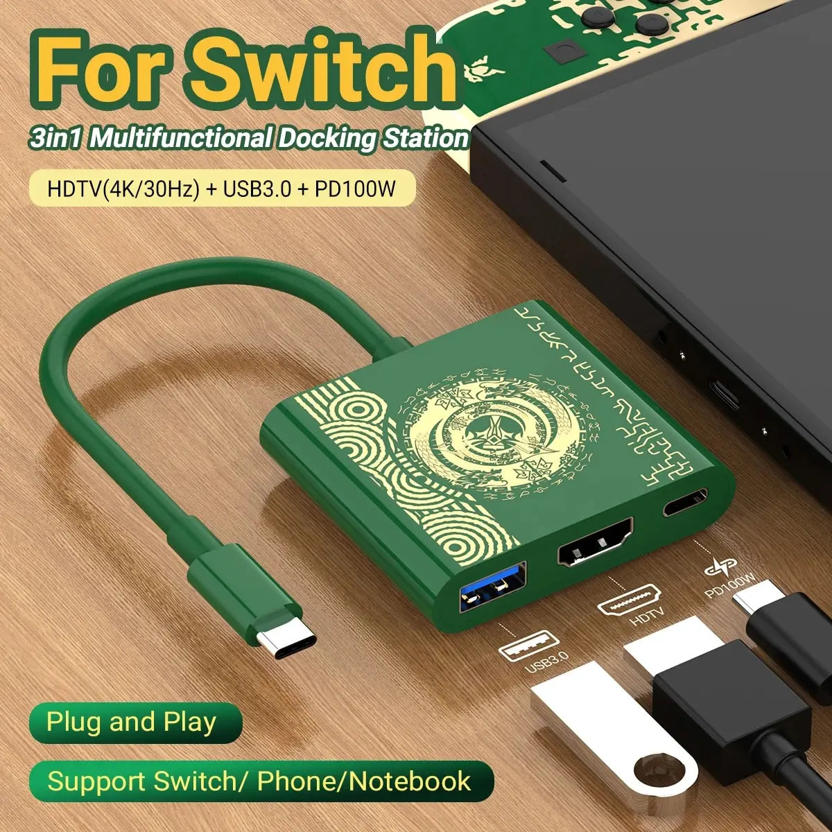 PD100W Station d'amarrage de jeu pour Nintendo Switch/Oled Support TV Mode USB-C à 4K Hdtv Hub pour le téléphone de pont vapeur