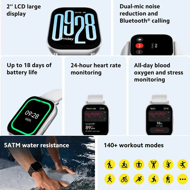 Montre connectée Xiaomi Redmi Watch 5 Active, Bluetooth 5.3, mesure de l'oxygène dans le sang, fréquence cardiaque, prise en charge des appels vocaux Bluetooth 2" Écran LCD