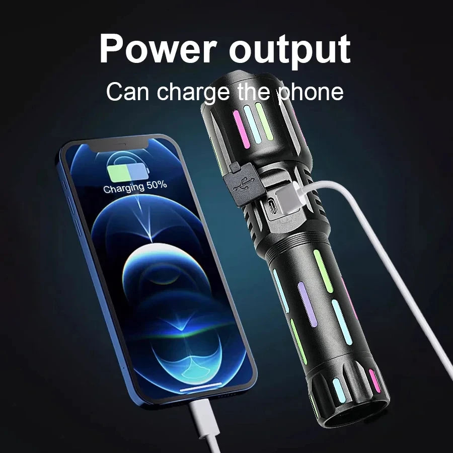 Lampe de poche laser blanche à haute puissance de 800 W avec des bandes lumineuses 3500 mètres à longue portée de type C USB rechargeable lampe à camping zoomable