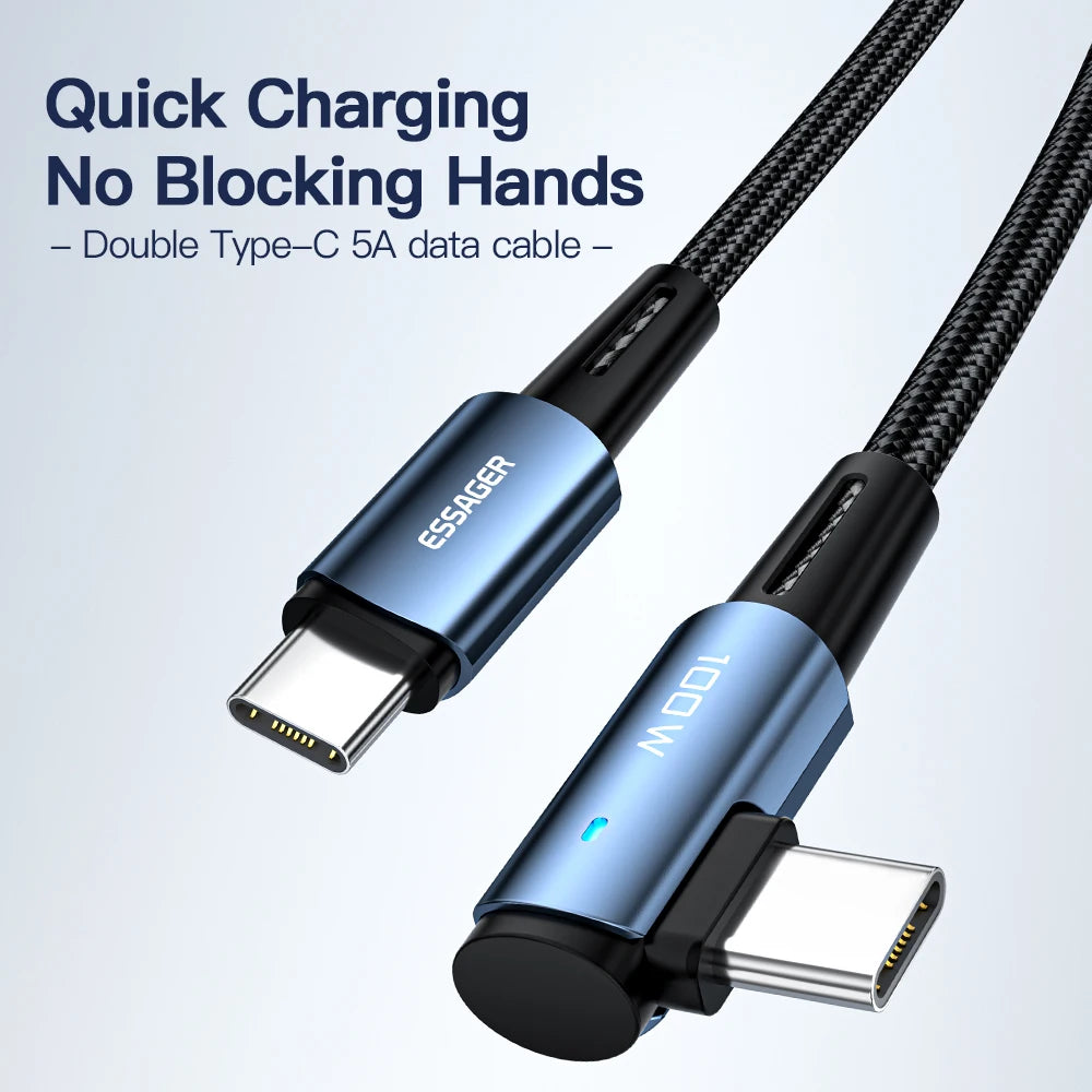 Essager 100W USB Type C vers USB C Cable 90 degrés Angle pour iPad MacBook Pro Xiaomi Samsung Huawei Fast Charging Type-C Date Wire