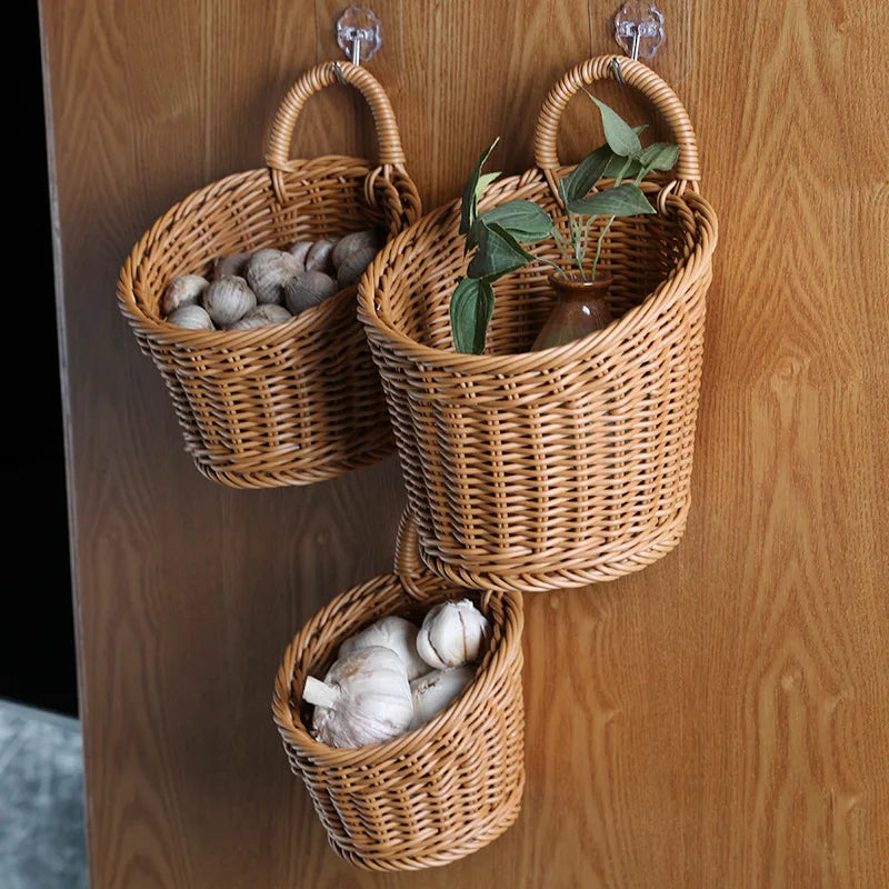 Wall-mounted Vegetable Basket Fruit and Sundry Basket Natural Wicker Weave Storage Basket Kitchen Storage Home Decoration