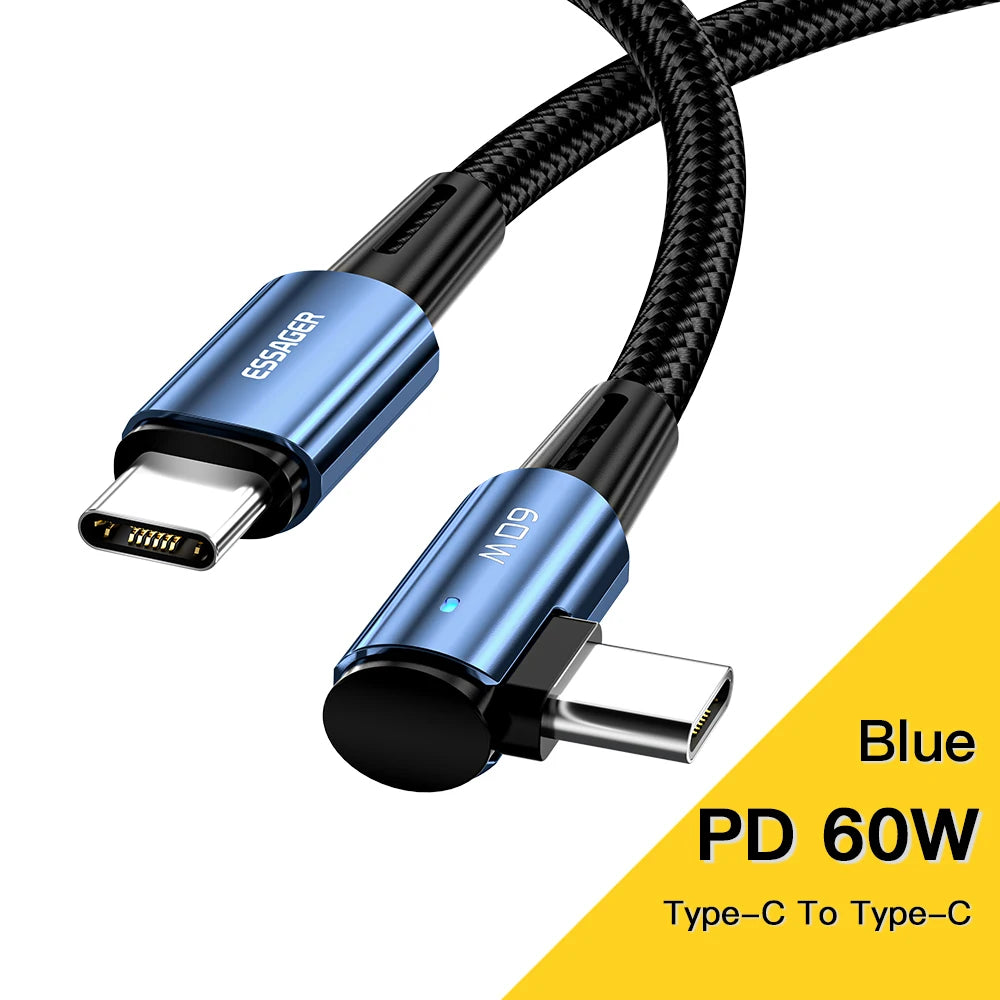 Essager 100W USB Type C vers USB C Cable 90 degrés Angle pour iPad MacBook Pro Xiaomi Samsung Huawei Fast Charging Type-C Date Wire