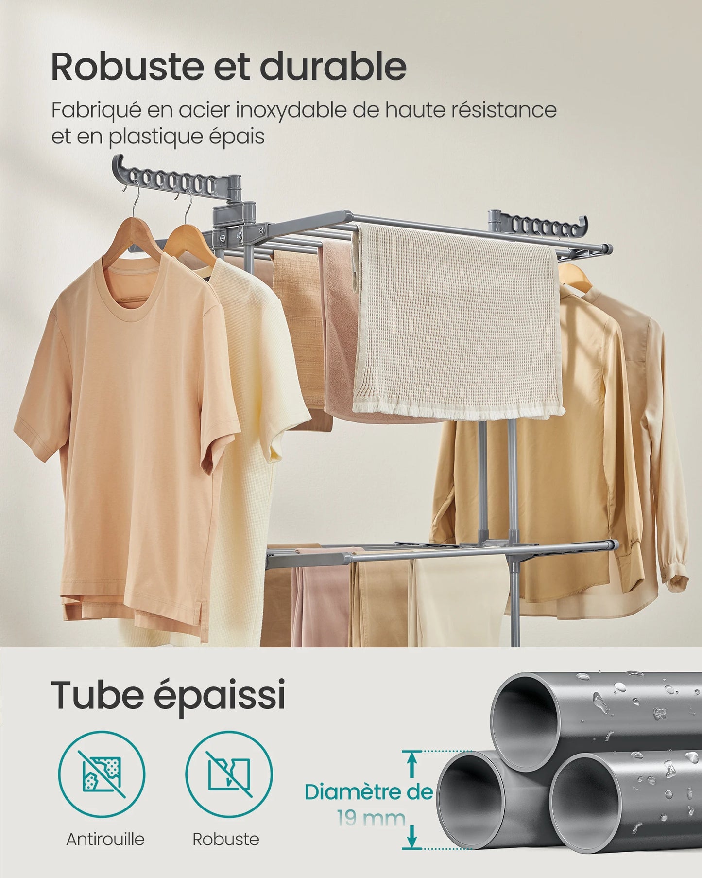 Rack de séchage de vêtements, pliable, 63,5 x 128 x 148 cm, grande capacité, utilisation intérieure et extérieure, gris Dove
