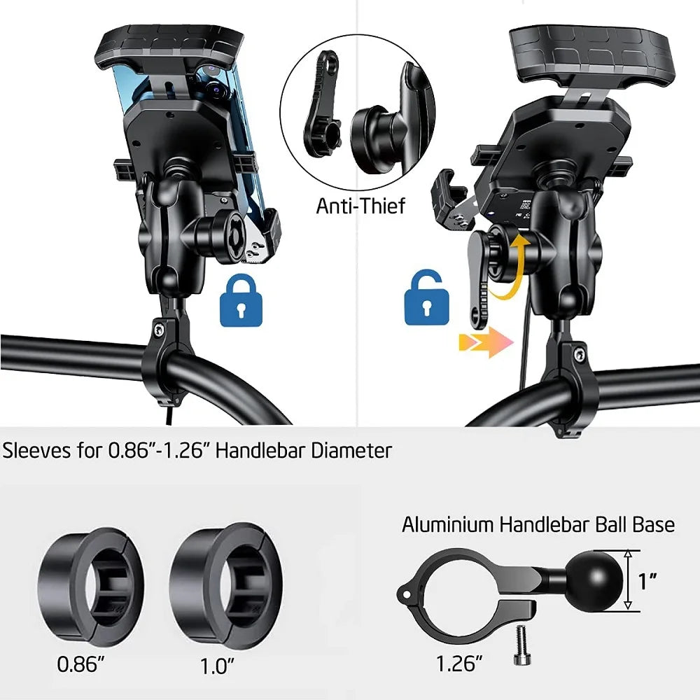 Support de téléphone pour moto 12 V, chargeur rapide USB C PD 20 W, chargeur sans fil 15 W, support pour vélo 4.07.0" Téléphone portable