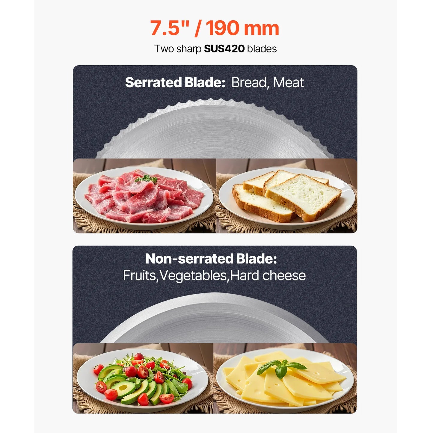 Succebuy Meat Slicer 180W et 7,5 pouces électriques de charcuterie de viande de flèche électrique avec deux lames SUS420 premium pour le fromage à viande Utilisation de la maison