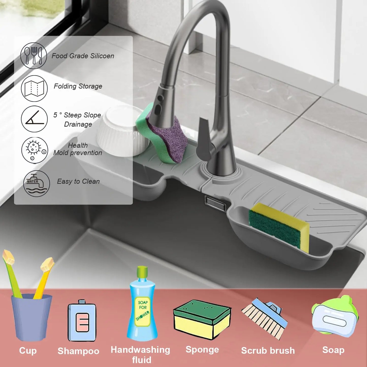 Silicone Sink Splash Guard Waterproof And Mildew-Proof Mat Draining Organization Plate For Kitchen Sink Storage Accessory Tools