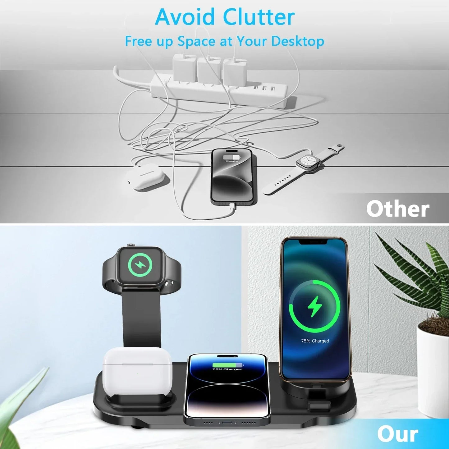 30W Wireless Charger Stand Pad For iPhone 15 14 13 12 11 Pro Max Apple Watch 8 7 6 Airpods Pro 7 in 1 Fast Charging Dock Station