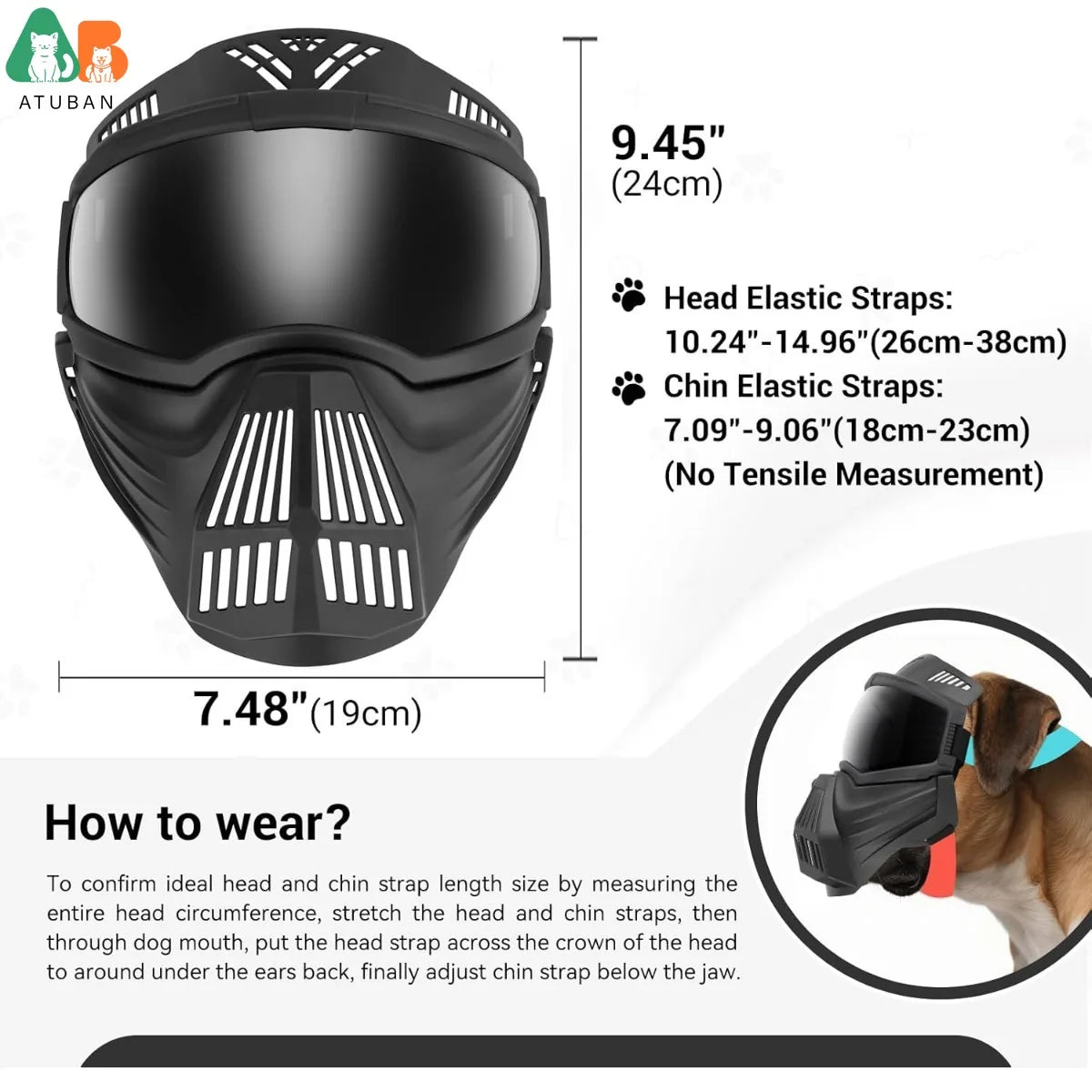 Atuban Pro Dog Goggles Grande race, protection complète, lunettes de soleil tactiques, protection contre les chiens extérieurs, anti-UV anti-Fog.