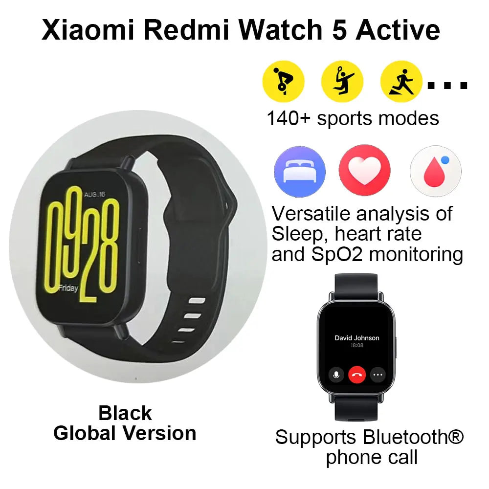 Montre connectée Xiaomi Redmi Watch 5 Active, Bluetooth 5.3, mesure de l'oxygène dans le sang, fréquence cardiaque, prise en charge des appels vocaux Bluetooth 2" Écran LCD