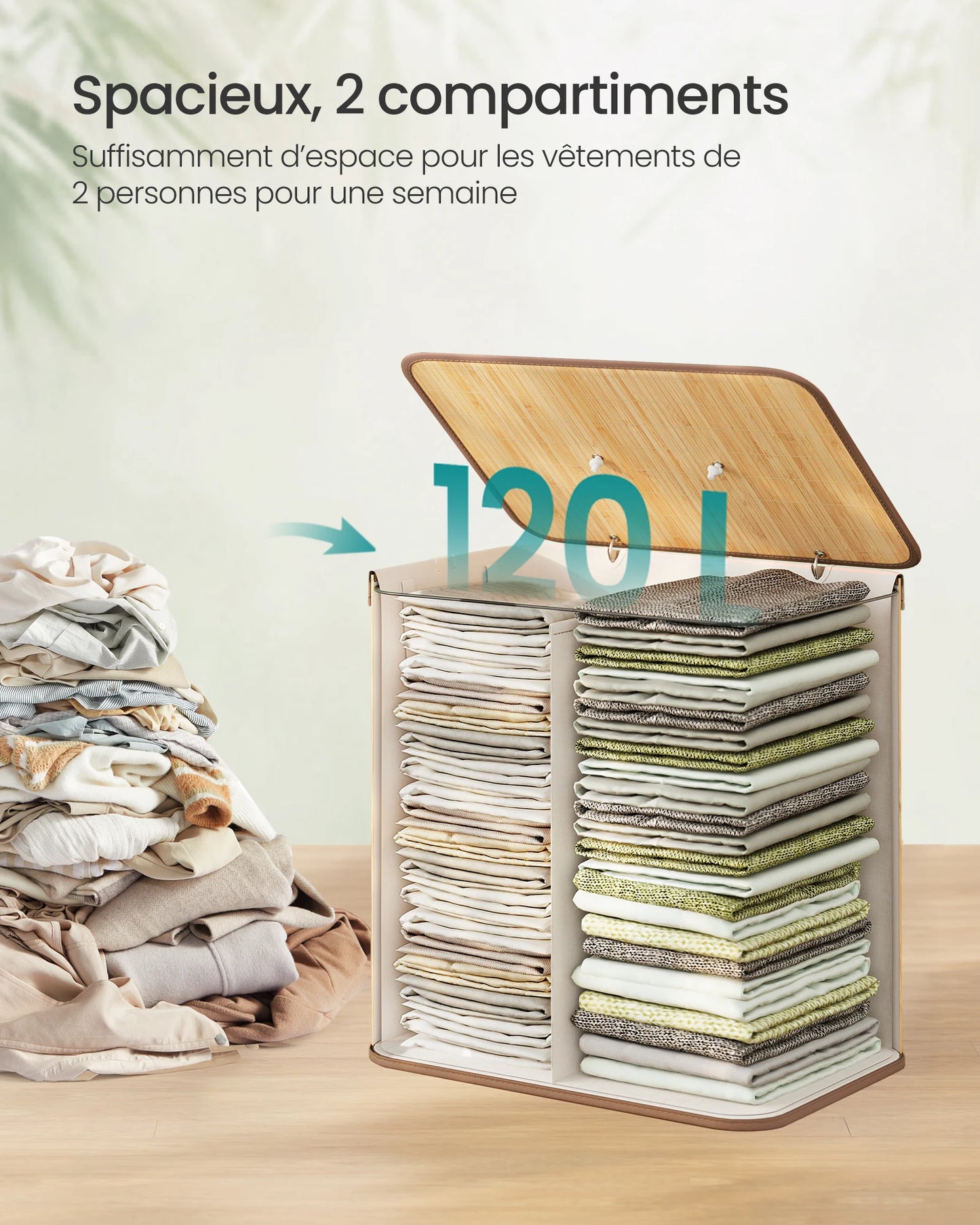 Bamboo Laundry Basket, 2 Compartments, 120 L, Foldable, Removable and Machine Washable Bag, with Handles, Natural