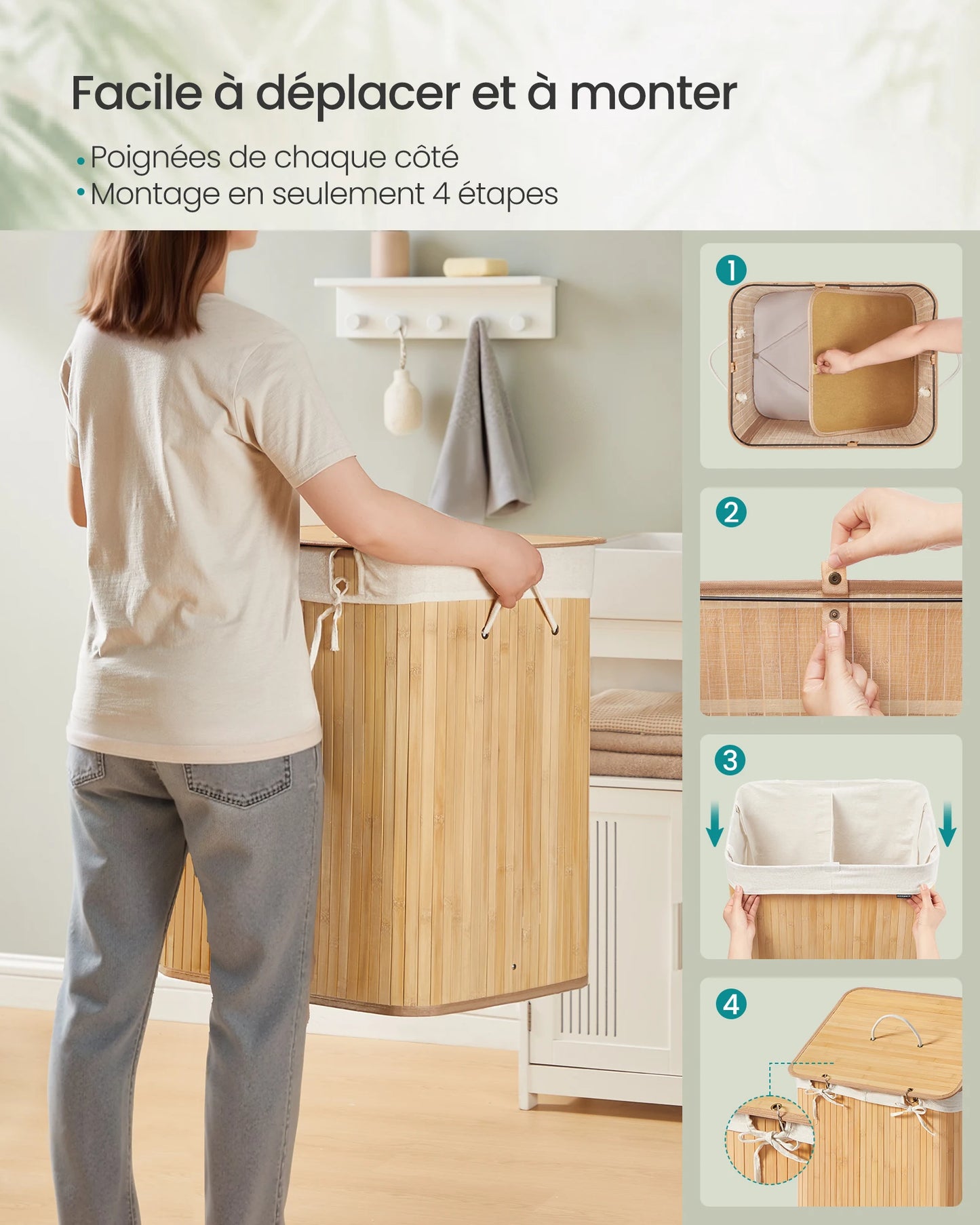 Bamboo Laundry Basket, 2 Compartments, 120 L, Foldable, Removable and Machine Washable Bag, with Handles, Natural