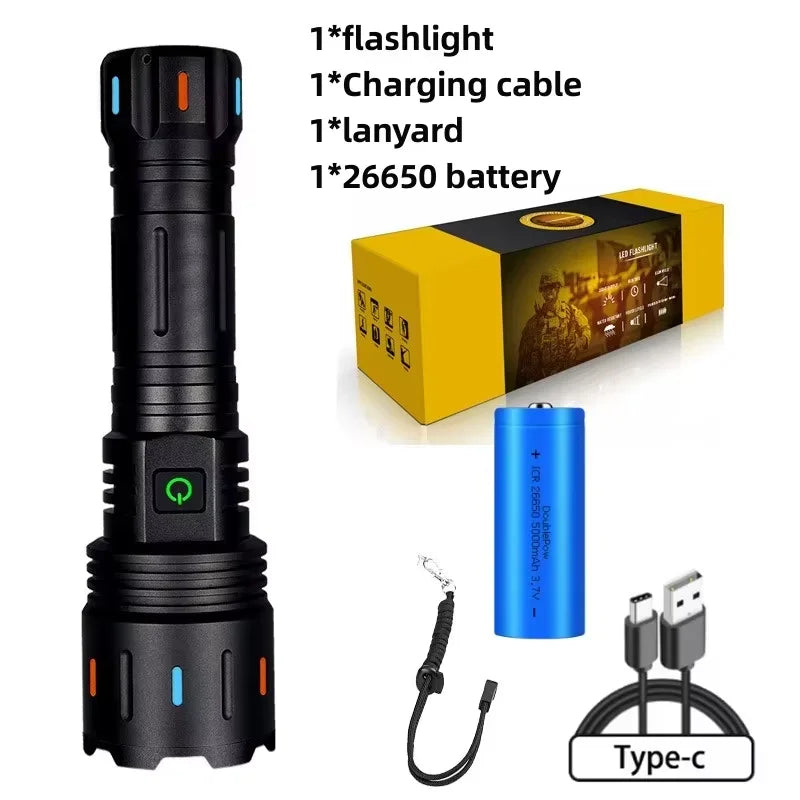 Lampe de poche laser blanche à haute puissance de 800 W avec des bandes lumineuses 3500 mètres à longue portée de type C USB rechargeable lampe à camping zoomable
