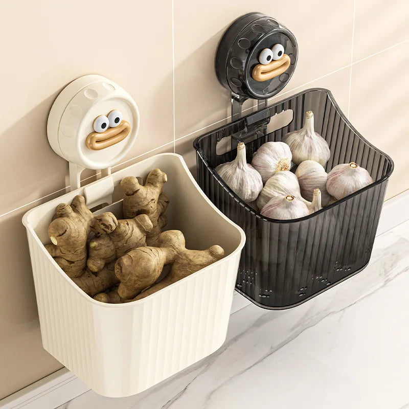 1PCS Suction Storage Box for Garlic Ginger Spices No Drill Wall Mounted Plastic Basket Kitchen Fruit and vegetable storage boxes