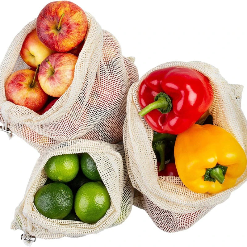 1Pc Reusable Vegetable Bags Kitchen Fruit and Vegetable Storage Mesh Bags Drawstring Machine Washable Eco Friendly Shopping Bags