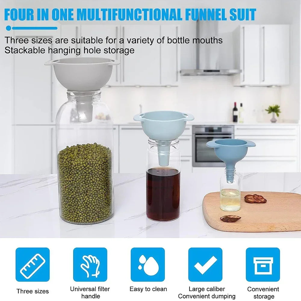 Versatile 4-in-1 Funnel Set - Food-Grade, BPA-Free, with Strainer for Easy Bottle Filling and Kitchen Use