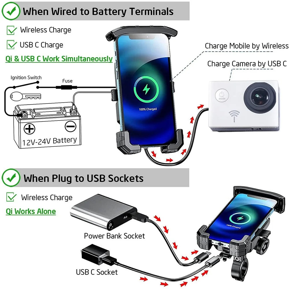 Support de téléphone pour moto 12 V, chargeur rapide USB C PD 20 W, chargeur sans fil 15 W, support pour vélo 4.07.0" Téléphone portable