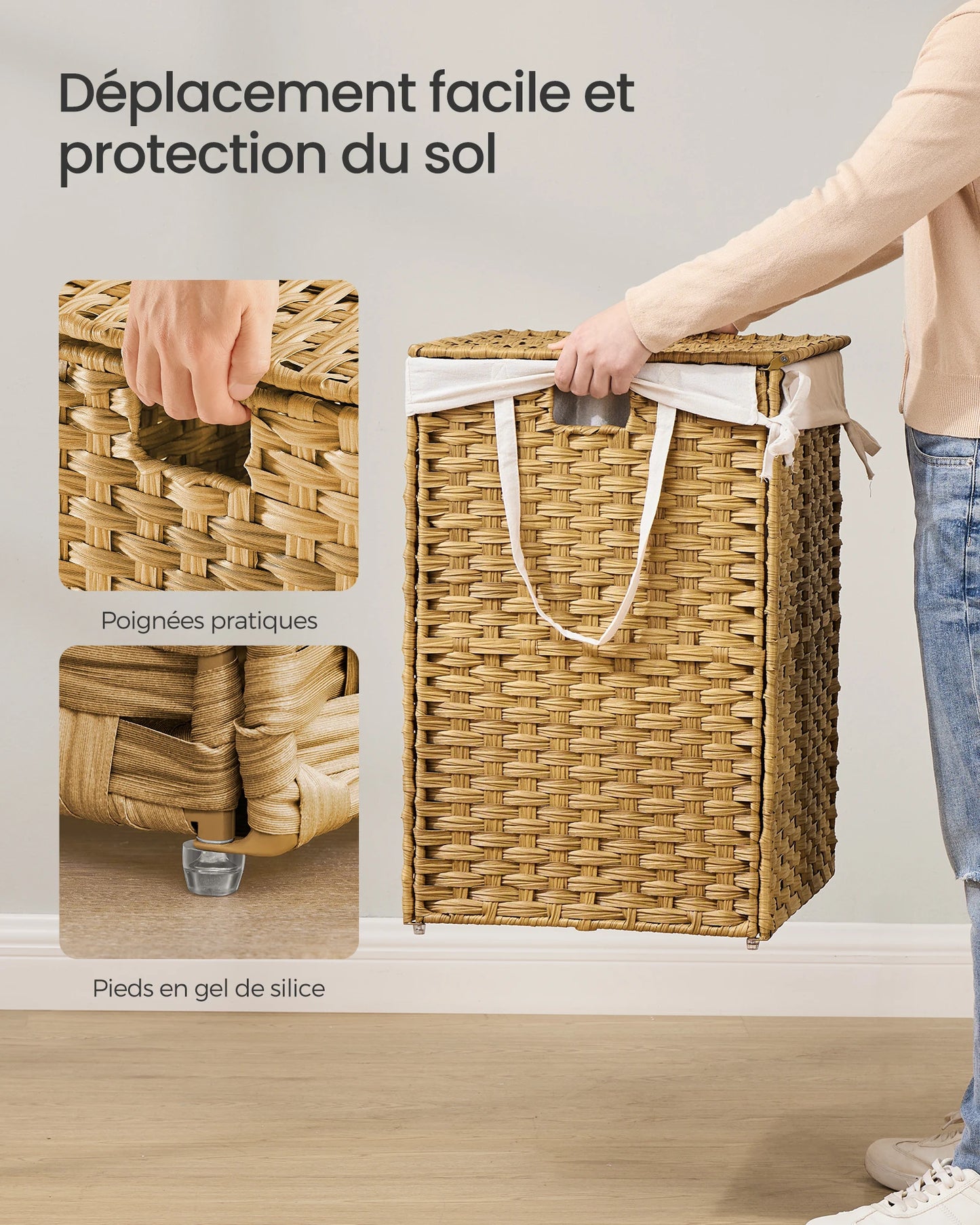 Storage Basket, 160L Dirty Laundry Bin with Lid, Foldable, Removable Fabric Bags and Handles, Wood Color