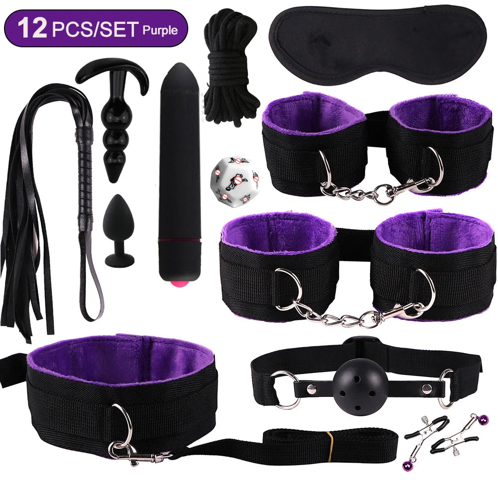 Toys Sex Toys BDSM Kits de bondage véritables retenus en cuir menottes Collier Gag Vibrateurs Toys Sex pour femmes couples Adultes Games