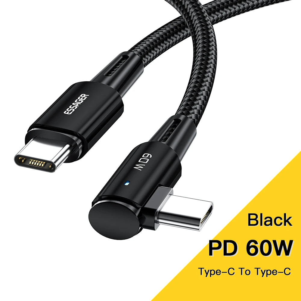 Essager 100W USB Type C vers USB C Cable 90 degrés Angle pour iPad MacBook Pro Xiaomi Samsung Huawei Fast Charging Type-C Date Wire