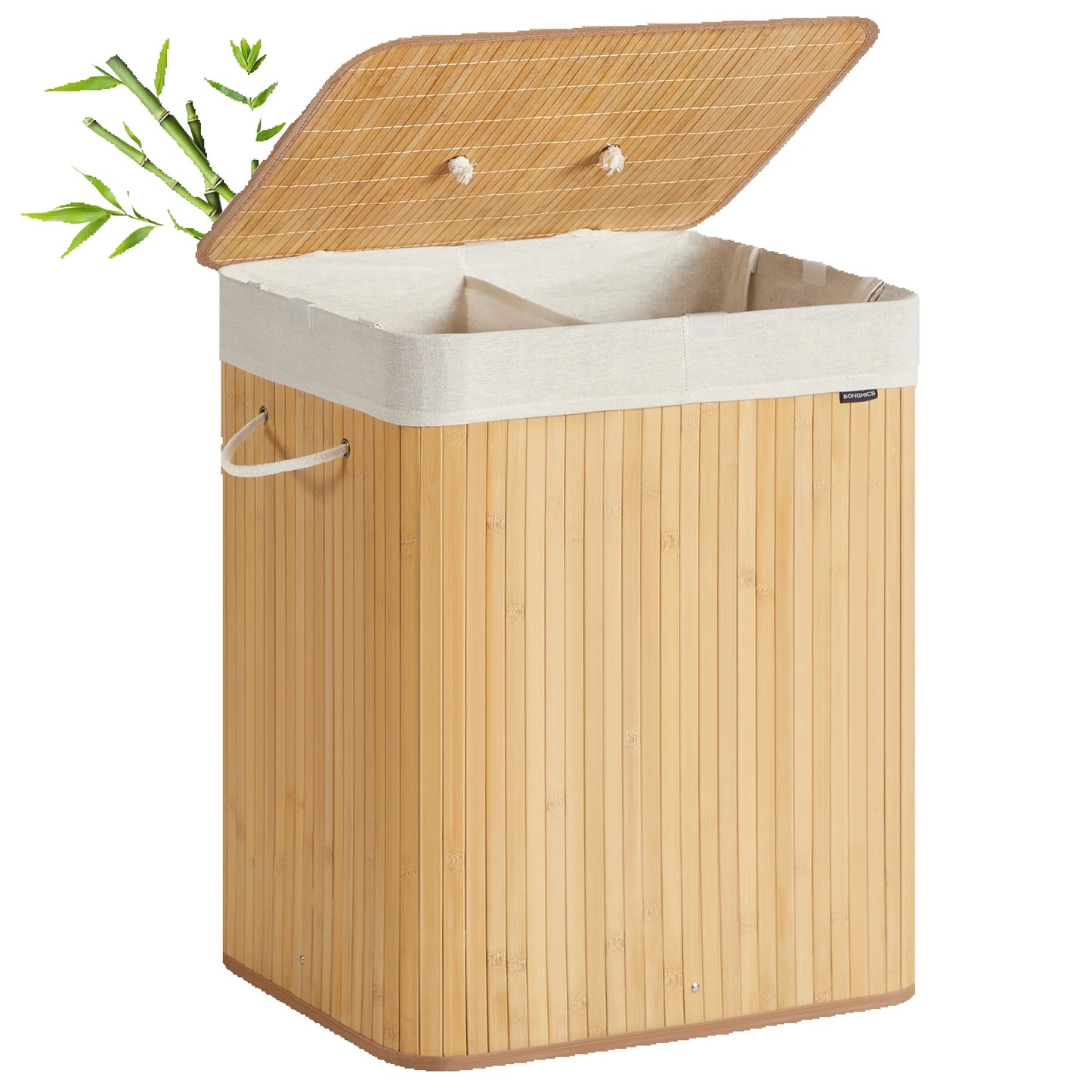 Bamboo Laundry Basket, 2 Compartments, 120 L, Foldable, Removable and Machine Washable Bag, with Handles, Natural