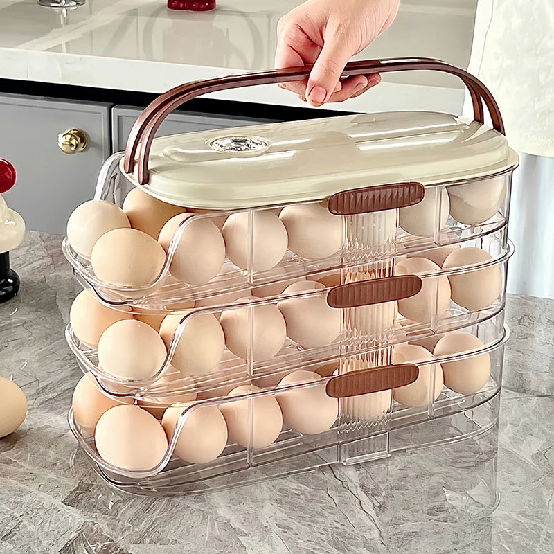 Grand support d'oeuf pour réfrigérateur Automatique Organisateur d'oeuf à œufs en plastique transparent Dispensateur d'oeufs empilable et poubelle de rangement