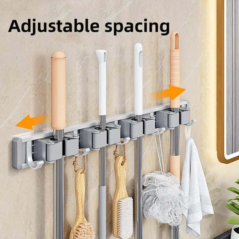 Mop and Broom Organizer Mop Holder Rack Mop Holder Wall Mounted Strong Broom Mop Holder Self With 5 Hooks Organizers Hang Broom