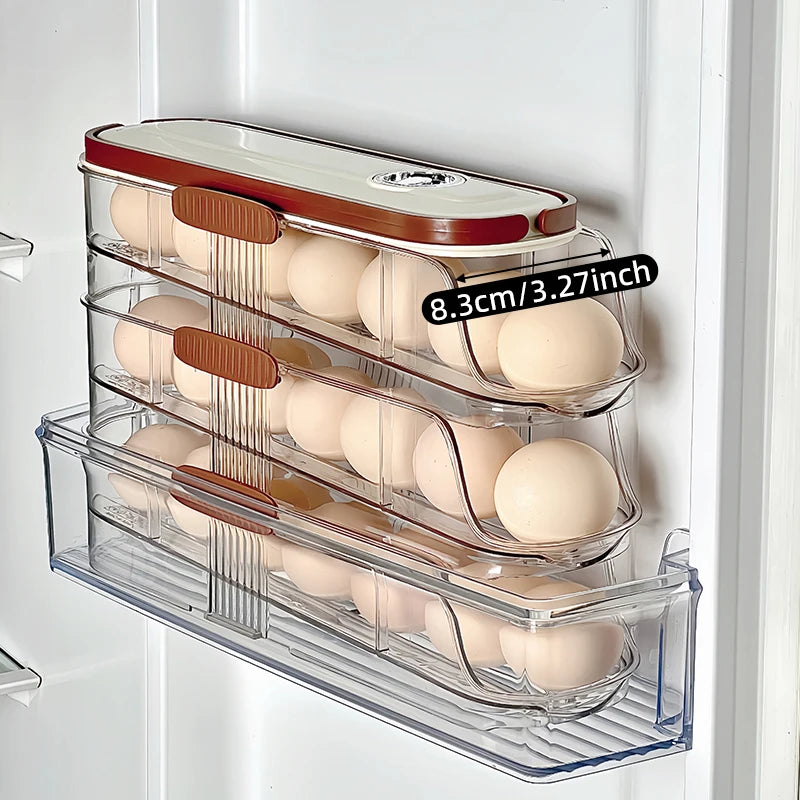 Grand support d'oeuf pour réfrigérateur Automatique Organisateur d'oeuf à œufs en plastique transparent Dispensateur d'oeufs empilable et poubelle de rangement