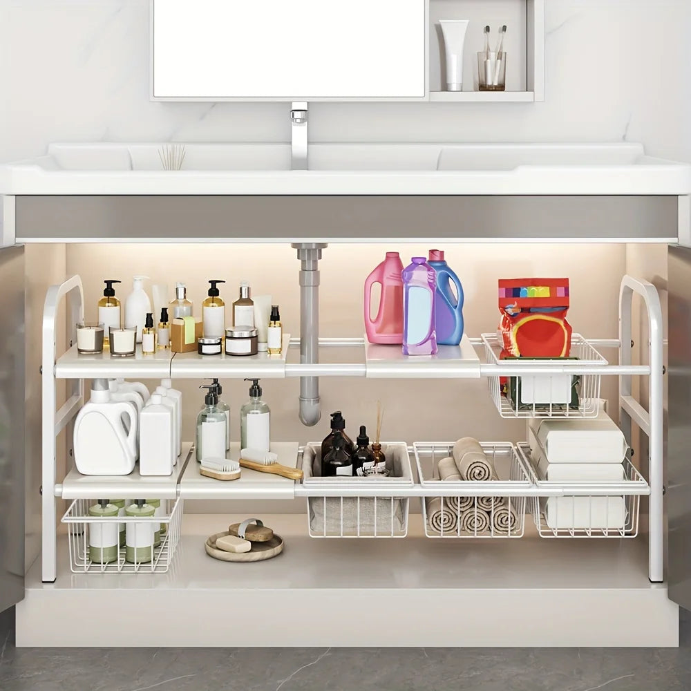Scalable Carbon Steel Sink Storage Rack,Multi layer Adjustable Storage Rack for Kitchen and Bathroom, Space saving Storage Rack