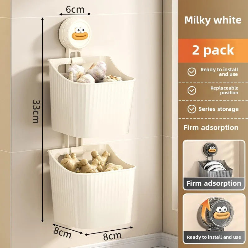1PCS Suction Storage Box for Garlic Ginger Spices No Drill Wall Mounted Plastic Basket Kitchen Fruit and vegetable storage boxes