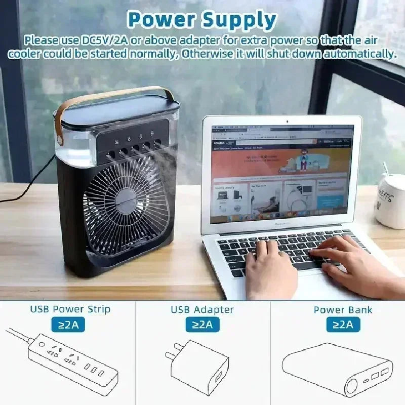 Accueil - Climatiseur d'air de ventilateur portable convivial: 3 - IN - 1 conception avec humidificateur USB électrique LED de nuit