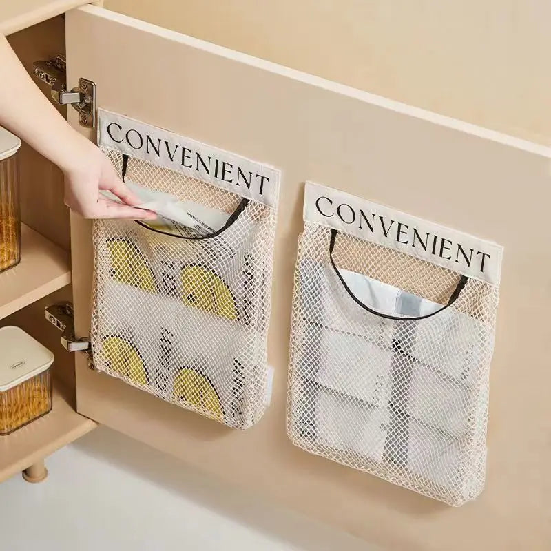 Plastic Bag Holder Elastic Mesh Garbage Bag Organizer Reusable Bag Dispenser Door Hanging Storage for Kitchen Organization