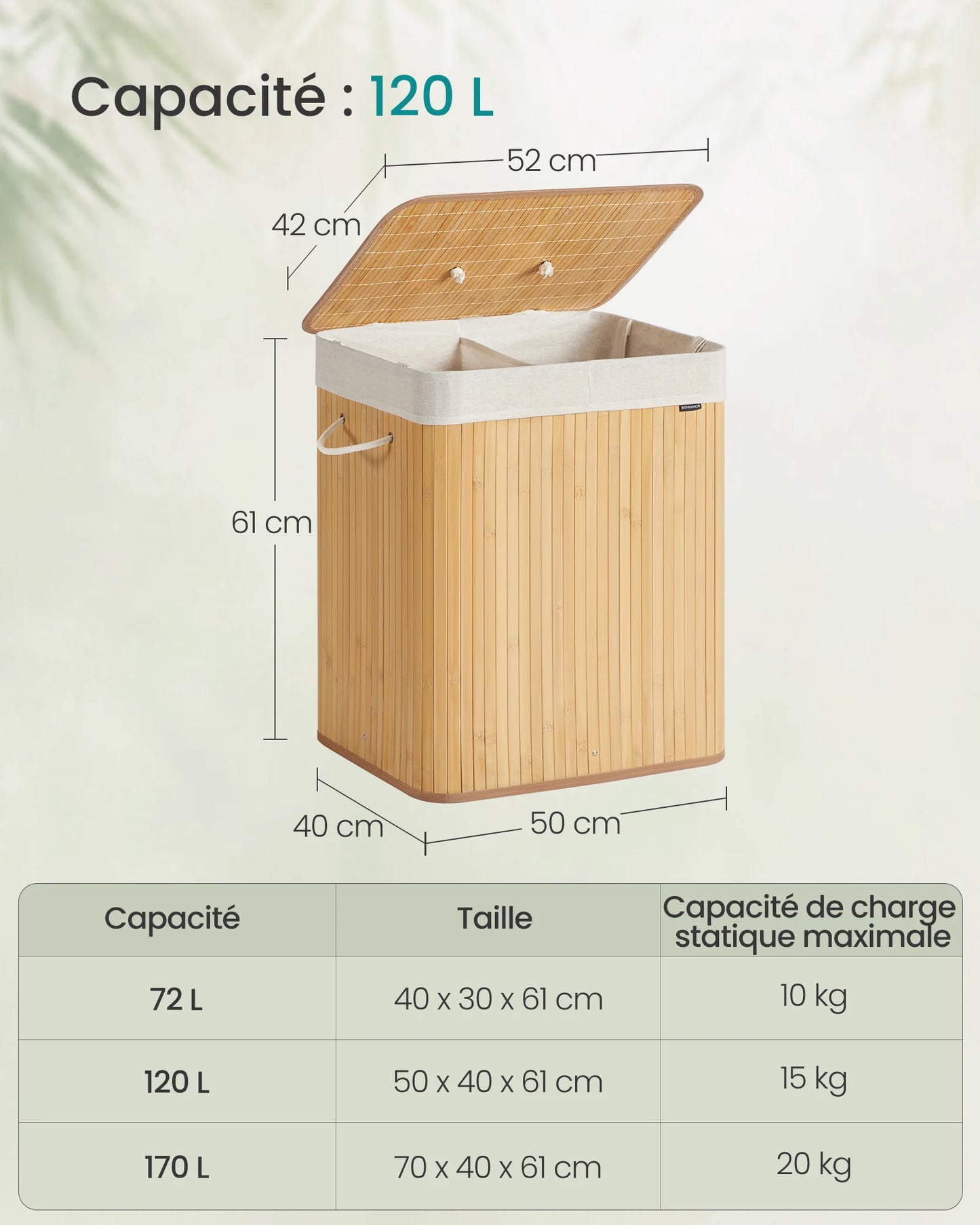 Bamboo Laundry Basket, 2 Compartments, 120 L, Foldable, Removable and Machine Washable Bag, with Handles, Natural