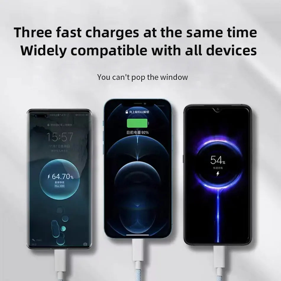 1,2m/2m/3m 66W 3 en 1 Câble de charge rapide 2 en 1 Câble USB de type C 6A Données Câble du chargeur rapide pour Huawei Xiaomi Samsung