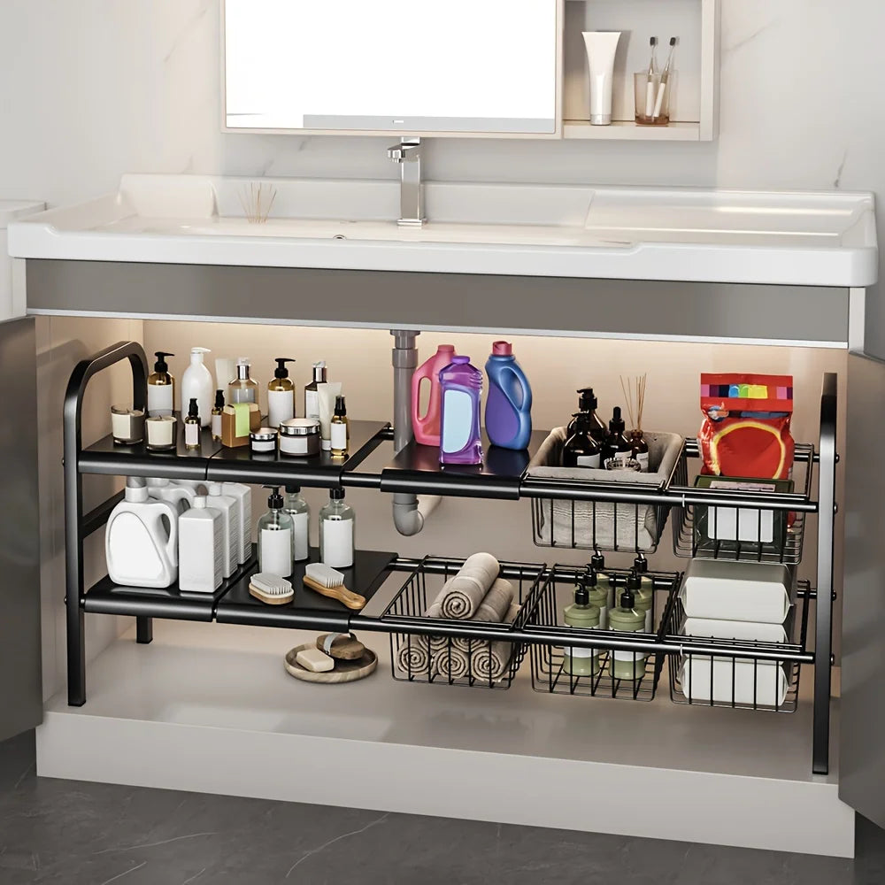 Scalable Carbon Steel Sink Storage Rack,Multi layer Adjustable Storage Rack for Kitchen and Bathroom, Space saving Storage Rack