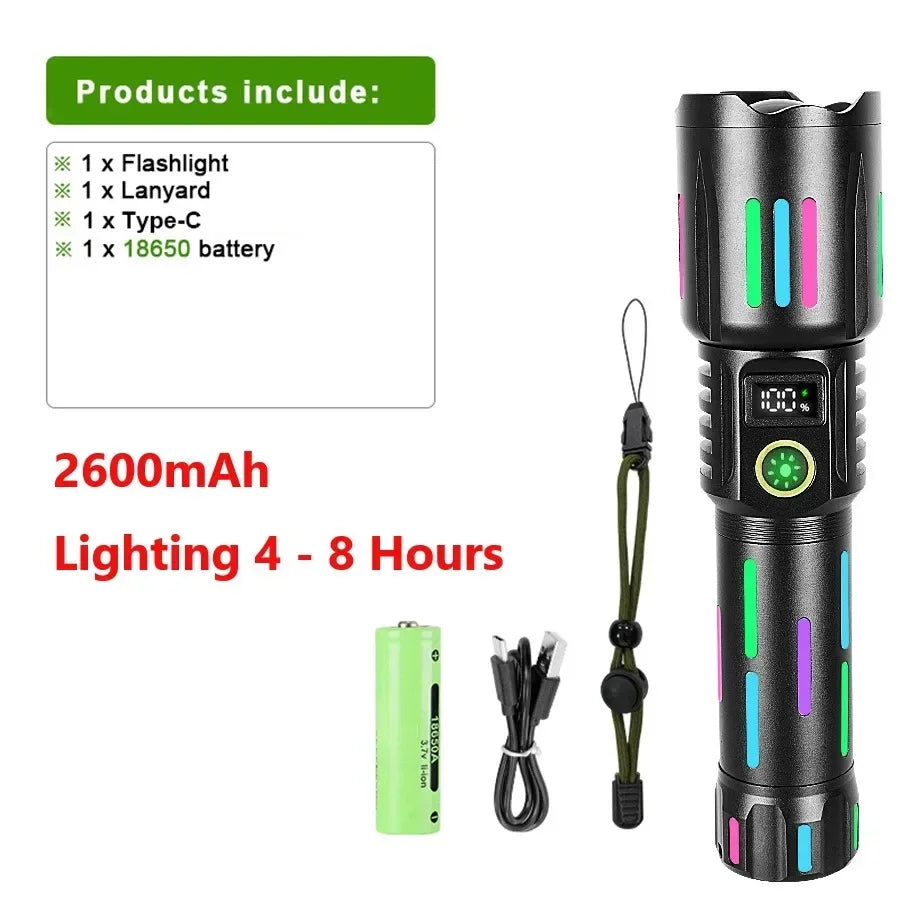 Lampe de poche laser blanche à haute puissance de 800 W avec des bandes lumineuses 3500 mètres à longue portée de type C USB rechargeable lampe à camping zoomable