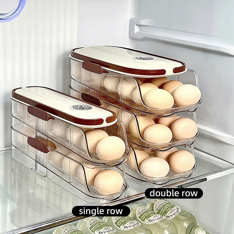 Grand support d'oeuf pour réfrigérateur Automatique Organisateur d'oeuf à œufs en plastique transparent Dispensateur d'oeufs empilable et poubelle de rangement