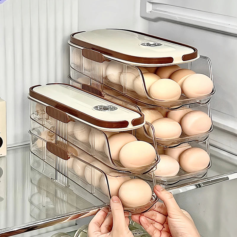 Grand support d'oeuf pour réfrigérateur Automatique Organisateur d'oeuf à œufs en plastique transparent Dispensateur d'oeufs empilable et poubelle de rangement