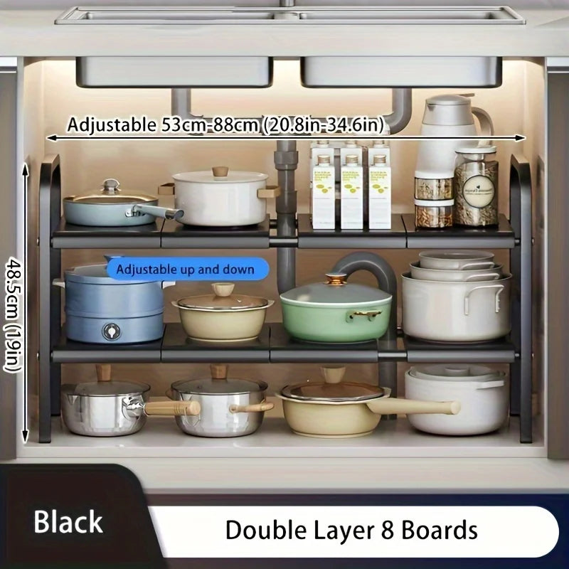 Scalable Carbon Steel Sink Storage Rack,Multi layer Adjustable Storage Rack for Kitchen and Bathroom, Space saving Storage Rack