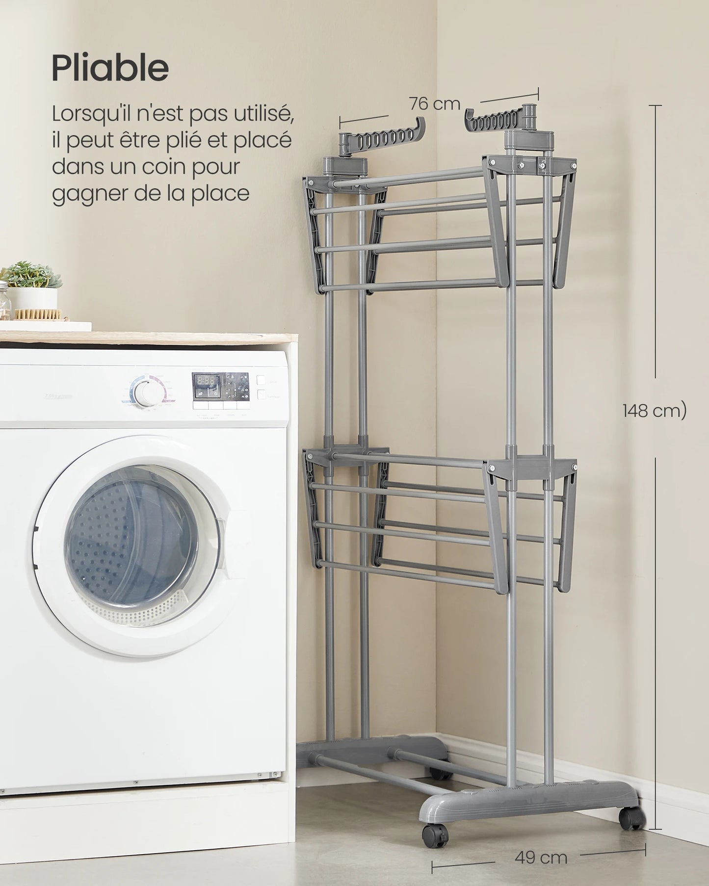 Rack de séchage de vêtements, pliable, 63,5 x 128 x 148 cm, grande capacité, utilisation intérieure et extérieure, gris Dove