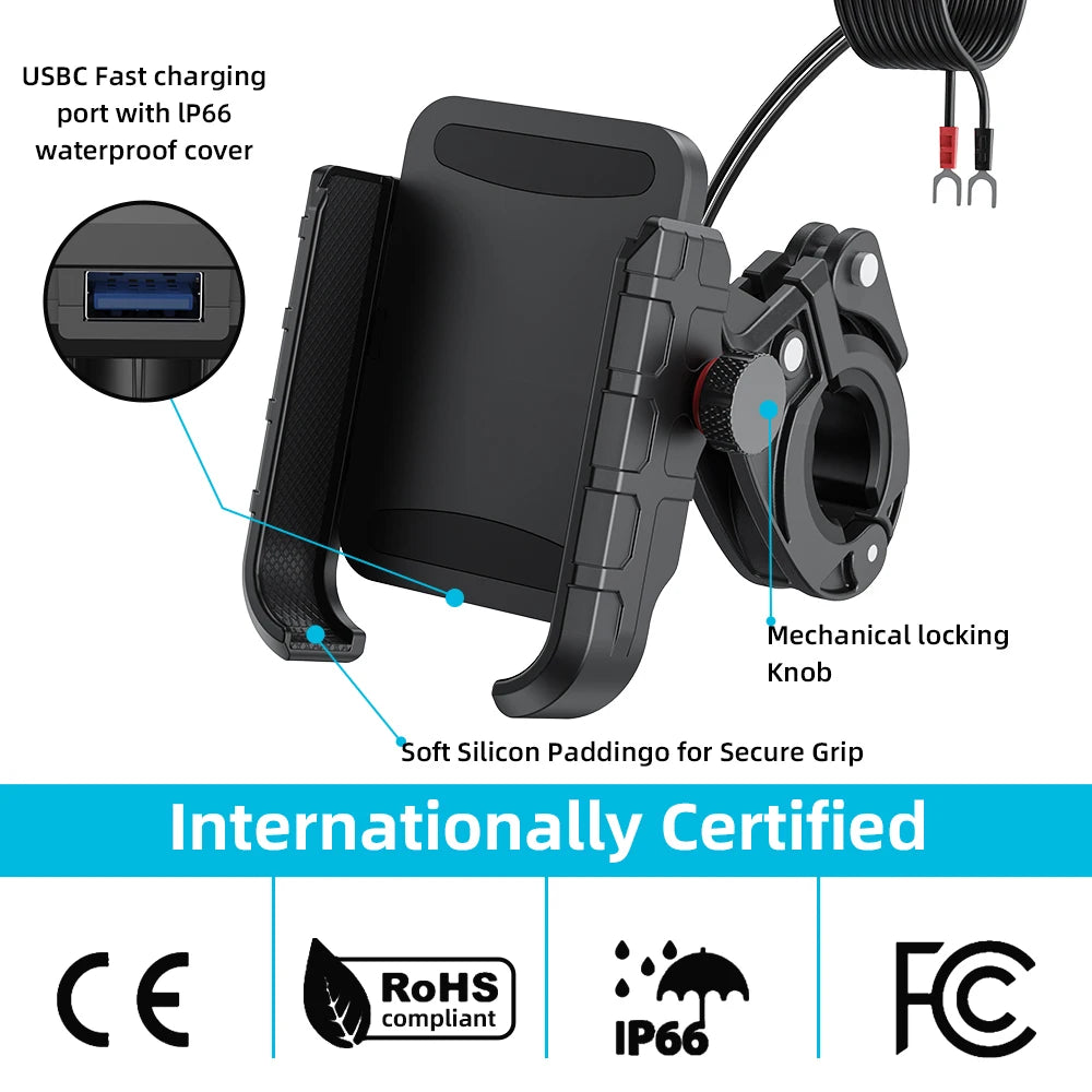 Motorcycle Phone Mount with USB QC3.0 Fast Charging Port Universal 360° Handlebar Cellphone Holder for 5.4-7.2 Inch Smartphones