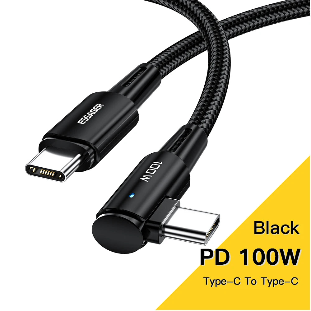 Essager 100W USB Type C vers USB C Cable 90 degrés Angle pour iPad MacBook Pro Xiaomi Samsung Huawei Fast Charging Type-C Date Wire